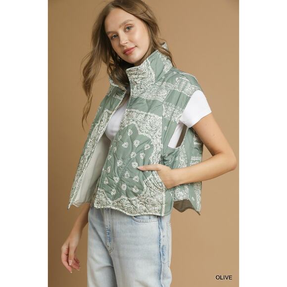 Umgee Bandana Print Side Pockets Snap Button Quilted Puffer Vest Jacket | Olive - Picture 4 of 6